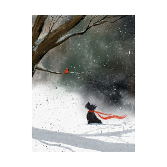 "The Snow Guardian" by Paige Keiser / Black Scottish Terrier in Snow with Cardinal Matte Print (Unframed)