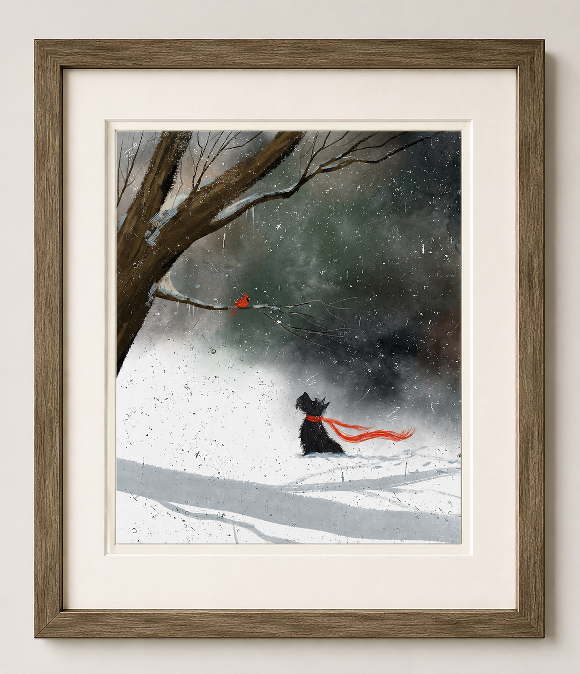 "The Snow Guardian" by Paige Keiser / Black Scottish Terrier in Snow with Cardinal Matte Print (Unframed)