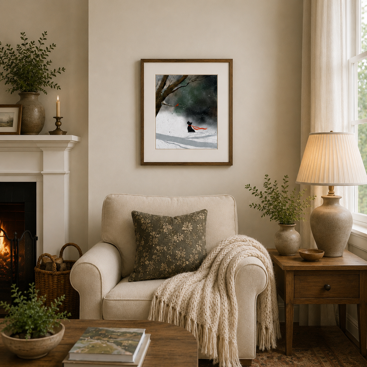 "The Snow Guardian" by Paige Keiser / Black Scottish Terrier in Snow with Cardinal Matte Print (Unframed)